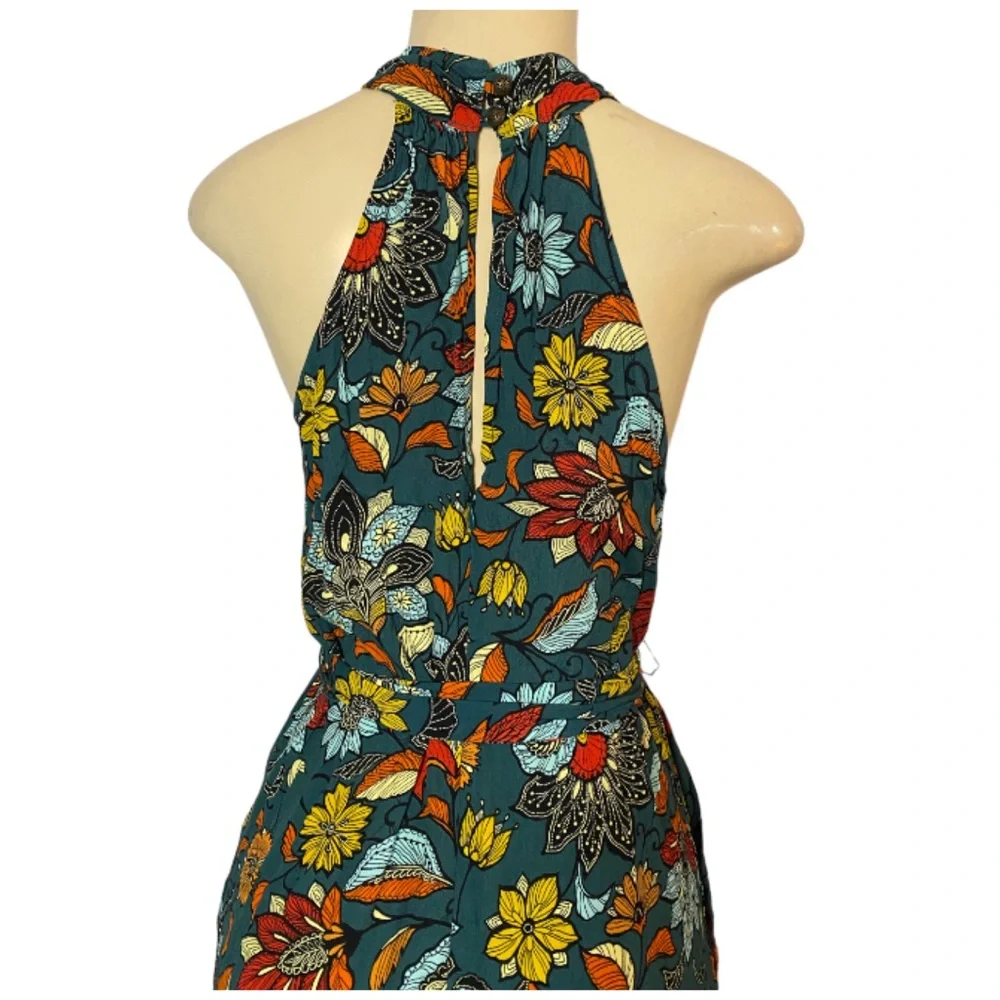 Anthropologie Geneva Halter Wide-Leg Jumpsuit Small Teal Green Floral Paisley - Picture 7 of 10